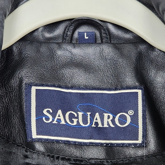 Saguaro Black 100% Leather Jacket Wide Collar Distressed Faded Womens Size L - Picture 9 of 11